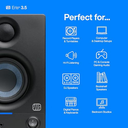 PreSonus Eris 3.5 Powered Studio Monitors, Pair — | 50W, Woven-Composite Woofer, Silk-Dome Tweeter, Black - color: Black, size: 3.5"