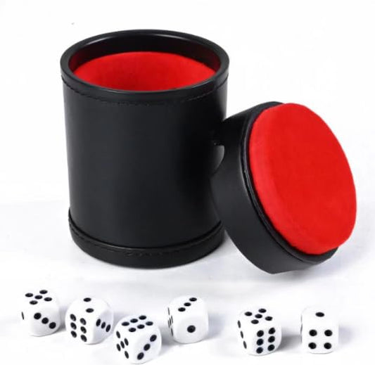 Dice Cup Leather Set with Lid, Felt-Lined PU Leather Quiet Shaker for Yahtzee Farkle Dice Board Games, Set of Six 16mm Dice Included