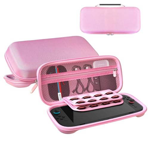 RAVEtone Travel Carrying Case Compatible with Nintendo Switch 2 Model 2025, Large Capacity Premium EVA Portable Hard Shell Pouch Waterproof Game Bag with 32 Game Cartridge Accessories (Pink) - color: Pink, style: Large