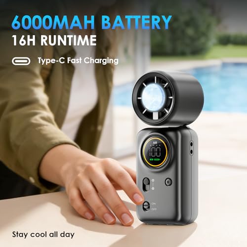 FurBall 4-IN-1 Portable Handheld Fan with Ice Cooling, High-speed Turbo Power 100 Gear Adjustable, LED Display, 6000mAh Rechargeable Battery, Foldable & Quiet Personal Fan for Travel, Office, Outdoor - color: Midnight