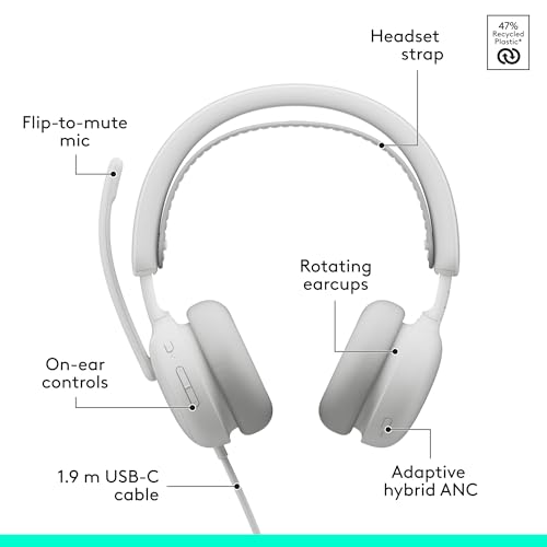 Logitech Zone Wired 2 Noise Canceling Headset Adaptive Hybrid - Off-White | Noise-canceling, USB-C, USB-A adapter included - color: Off White, style: Wired