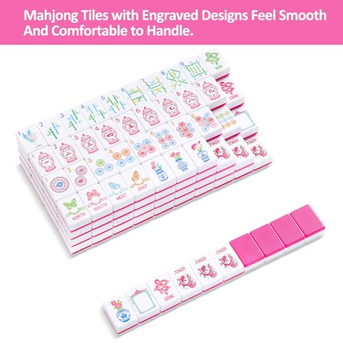 TIASUSAN American Mahjong Tile Set(1.2"), 160 Engraved Mahjong Tiles with Tiles Bag and Mah-jongg Accessories - style: 160 Magenta Tiles
