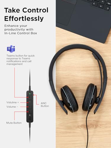 Lenovo Wired ANC Headset Gen 2 (Teams) with Active Noise Cancellation, EPOS BrainAdapt & ActiveGard Tech, Lightweight, USB-C, Plug-and-Play, Zoom Certified, Customizable, Hearing Protection - style: Wired ANC Gen 2 (Teams)