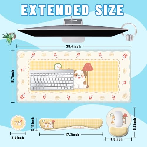Cute Dogs Desk Mat Set Cozy Cartoon Room Large Mouse Pad with Wrist Rest 4-in-1 Desk Mat for Desktop Ergonomic Computer Desk Arm Wrist Anti-Slip Computer Ergonomic Mouse Pad Home Office Gaming - color: Cute Dogs, size: 34.5" x 15.7"
