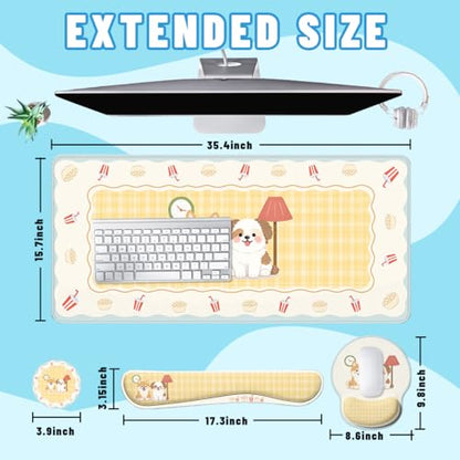 Cute Dogs Desk Mat Set Cozy Cartoon Room Large Mouse Pad with Wrist Rest 4-in-1 Desk Mat for Desktop Ergonomic Computer Desk Arm Wrist Anti-Slip Computer Ergonomic Mouse Pad Home Office Gaming - color: Cute Dogs, size: 34.5" x 15.7"