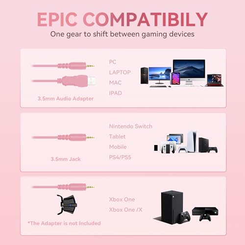 Wantek Cute Cat-Ear Gaming Headset - 50mm Drivers, Noise-Cancelling Mic, 3.5mm Wired Stylish & Lightweight Design (Pink) - color: Pink