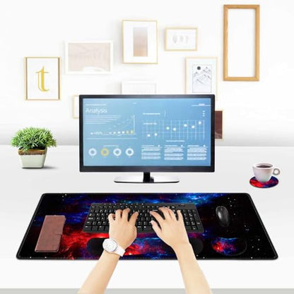 ToLuLu Extended Gaming Mouse Pad, Memory Foam Ergonomic Keyboard Mouse Wrist Rest Support Set, Large Desk Mat with Stitched Edges, Non-Slip Base Mousepad for Home Office and Game, Blue Red Galaxy - color: Blue Red Galaxy