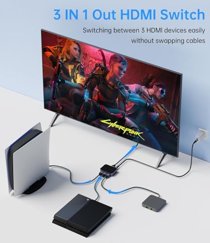HDMI Switch 3 in 1 Out 8k@60HZ/ 4k@144HZ, HDMI Splitter UHD HDR 3D Compatible with PS5/Switch/Xbox/Steam Deck/PC/Streaming/HDTV/Monitor/Projector