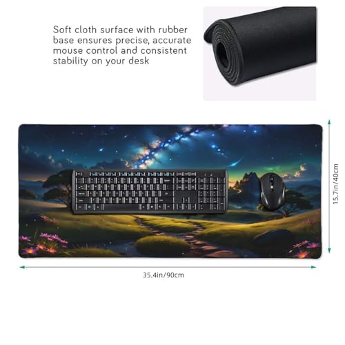 XXL Gaming Mouse Pad 35.4x15.7 inch, Starry Mountain Path Landscape Theme Desk Mat,Large Green Meadow Flower Scene Mousepad (Green Meadow) - color: Green meadow