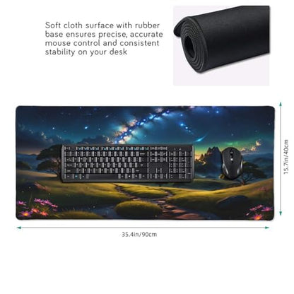 XXL Gaming Mouse Pad 35.4x15.7 inch, Starry Mountain Path Landscape Theme Desk Mat,Large Green Meadow Flower Scene Mousepad (Green Meadow) - color: Green meadow