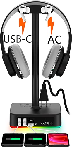 KAFRI RGB Headphone Stand with USB A&C Charger Desk Gaming Headset Holder Hanger Rack with 3 USB Charging Port and 2 Outlet - Suitable for Gamer Desktop Table Game Earphone Accessories Boyfriend Gifts - color: A-ONE STAND