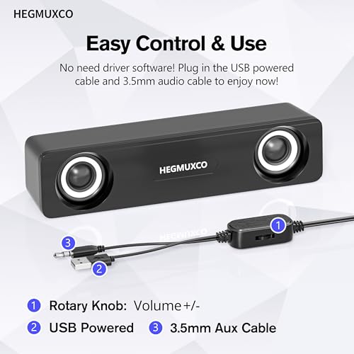Compact PC Speakers for Desktop - 10W Wired Stereo Speaker with Volume Control Knob, USB Powered, 3.5mm Audio Input, Laptop Expertly Tuned Computer Soundbar with Deep Bass for Office, Home, and Gaming