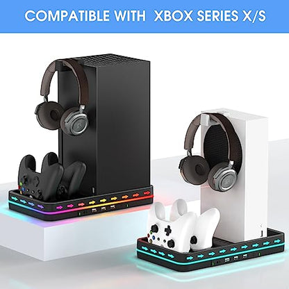 KEPLUG Dual Cooling Fan and Cooling Stand for Xbox Series X/S Console/Controller Dual Controller Charger Station with RGB LED Light & 3 USB Ports,Xbox Series x Accessories with 2 Headphone Hooks - color: Black