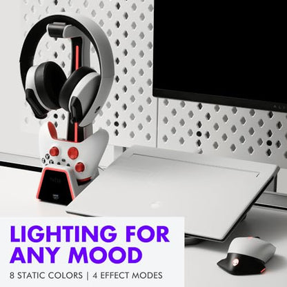 Tilted Nation Gaming Headset and Controller Stand | Premium PS5 Accessories (Clean Space with Charging Station) Headphone and Controller Holder for Desk, PlayStation 5, Xbox Game, - color: White
