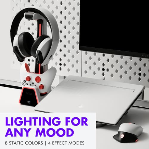 Gaming Headset and Controller Stand | Premium PS5 Accessories (Clean Space with Charging Station) Headphone and Controller Holder for Desk, PlayStation 5, Xbox Game, - color: White