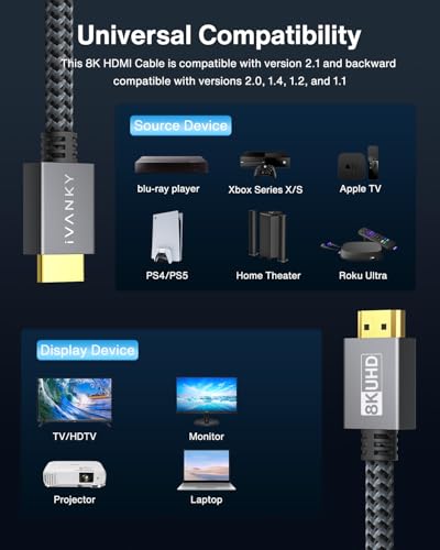IVANKY 10K 8K HDMI Cable 6.6 FT, Ultra High Speed 48Gbps HDMI 2.1 Cable | Supoort 4K@120Hz 8K@60Hz, HDR, 3D, HDCP 2.2&2.3, Braided HDMI Cord, 6ft Compatible with Roku TV/PS5/HDTV/Blu-ray - size: 6.6 feet