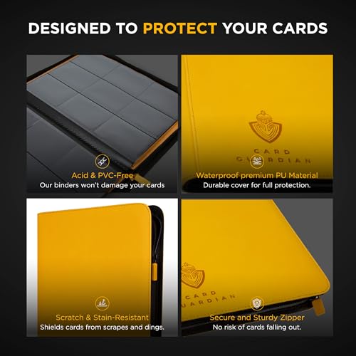 Card Guardian - 9 Pocket Premium Black Binder with Zipper for 360 Cards - Side Loading Pockets for Trading Card Games TCG (Yellow) | Holds 360 Cards, Side Loading, For TCG & Football, Premium Card Collection - color: Yellow