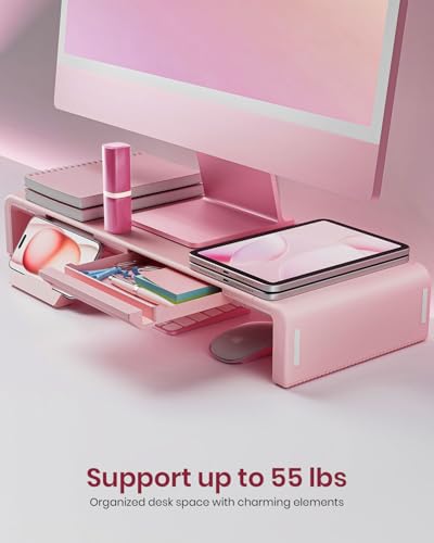 Pink Monitor Stand Riser, Klearlook Foldable, Height Adjustable Computer Stand, Desk Shelf Riser with Storage Drawer &Tablet Phone Stand for Desktop, Laptop - color: Pink