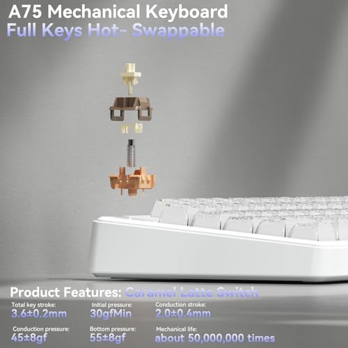 SOLAKAKA A75 Wireless Gaming Keyboard with Multifunction Knob, BT5.0/2.4GHz/USB-C, 75% Mechanical Keyboard, Hot-Swappable, Gasket Creamy Keyboard with RGB Backlit, Crystal Keycaps, for PC/Mac/PC - color: Crystal-White