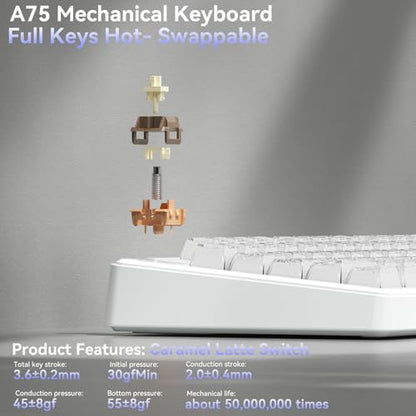 SOLAKAKA A75 Wireless Gaming Keyboard with Multifunction Knob, BT5.0/2.4GHz/USB-C, 75% Mechanical Keyboard, Hot-Swappable, Gasket Creamy Keyboard with RGB Backlit, Crystal Keycaps, for PC/Mac/PC - color: Crystal-White