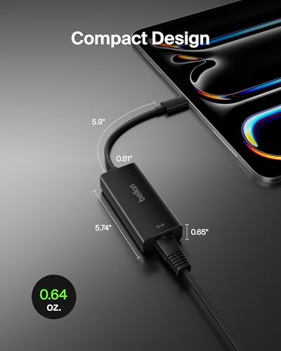 Belkin USB-C to Ethernet Adapter, Gigabit Ethernet Port Compatible w/ USB-C Devices, USB-C to Ethernet Cable for MacBook Pro & Dell XPS 13” Laptops, Ethernet USB-C Hub, Ethernet USB-C Adapter - Black | 1000Mbps wired network adapter, MacBook, Chromebook,