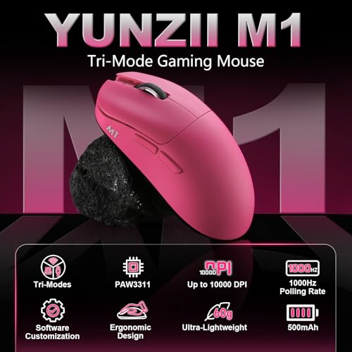 YUNZII M1 PAW3311 Sensor Wireless Gaming Mouse (Pink) | 7-Level DPI Adjustment Up to 10000 DPI, Stable 1000Hz polling rate, 60g Lightweight Design, Easy Software for Win & Mac - color: Pink