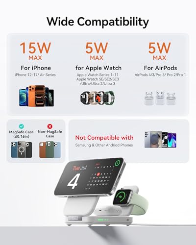 INIU Foldable Magnetic Wireless Charger, Qi2 Certified 3-in-1 Travel Charging Station with 15W Fast Charge - Compatible with Mag-Safe for iPhone 17/16/15 Series, Apple Watch, AirPods (White) - color: White