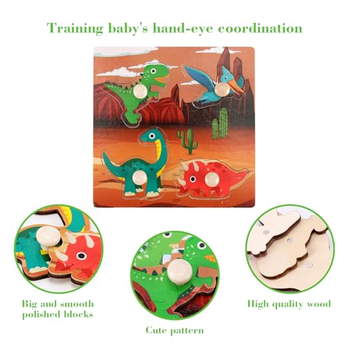Wooden Peg Puzzles for Toddlers 1-3, Kids Educational Preschool Peg Puzzle Toy Ages 2-4, Set of 4 Dinosaur Toddler Puzzles, Ideal Gift for Ages 1 2 3 4 Boys and Girls - color: Style B