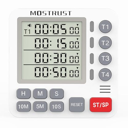 Digital Dual Kitchen Timer, 4 Channels Independent Countdown Timer, Large Display, On/Off, Loud Volume Alarm and Flashing Light with Magnetic Back, Stand, Battery Included (White) - color: White