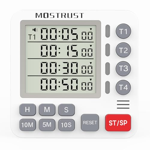 Digital Dual Kitchen Timer, 4 Channels Independent Countdown Timer, Large Display, On/Off, Loud Volume Alarm and Flashing Light with Magnetic Back, Stand, Battery Included (White) - color: White
