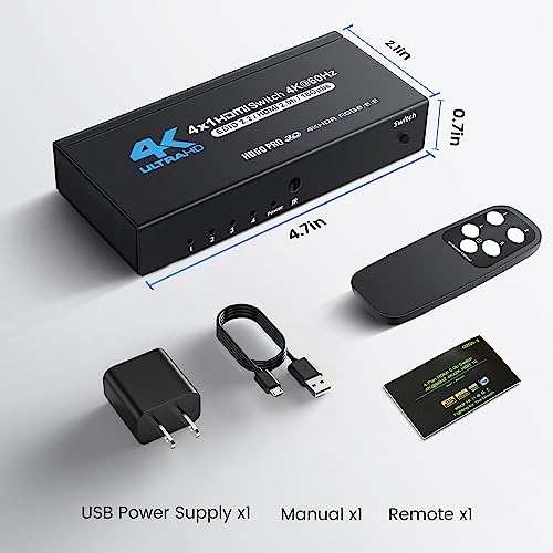 NEWCARE HDMI Switch 4 in 1 Out 4K@60Hz, 4x1 HDMI Splitter Switcher with IR Remote, 4 Port HDMI Selector Box Support HDMI2.0, Dolby Vision/Atmos, HDR10 for Switch, Xbox, PS5/4, Roku, Fire Stick