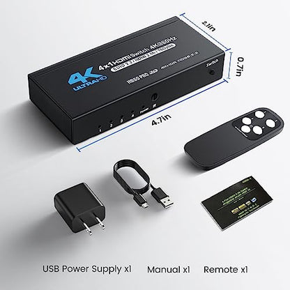 NEWCARE HDMI Switch 4 in 1 Out 4K@60Hz, 4x1 HDMI Splitter Switcher with IR Remote, 4 Port HDMI Selector Box Support HDMI2.0, Dolby Vision/Atmos, HDR10 for Switch, Xbox, PS5/4, Roku, Fire Stick