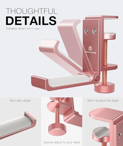 Foldable Headphone Stand and Hook – Aluminum Headset Holder Clamp Mount Under Desk, Universal Fit for Gaming Headphones, Space-Saving Hanger Organizer - color: Pink