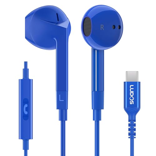LUDOS FEROX USB C Headphones for iPhone 17 16 15 Pro Max Plus Air iPad Pro, 5 Years Warranty, USB-C Earbuds for Samsung Galaxy S24 S23 Ultra S22 S21 FE S20 Z Flip 3 Fold 4 A53, USB Type C Earphones - color: Blue, style: USB-C