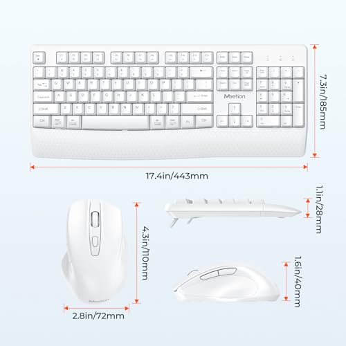 MEETION White Wireless Keyboard and Mouse, 2.4G USB Receiver Plug-and-Play, Computer Keyboard with Wrist Support, 3 Level DPI Mouse, Long Time Lasting Battery for PC/Mac/Windows/Laptop, White - color: White