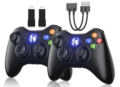 Gamrombo 2 Pack Replacement for Xbox 360 Controller, Compatible with 360 & Slim, Windows PC, Support Dual Shock, 2.5mm Audio Jack, with USB Extension Cable and USB Dongle [microsoft_xbox_360] - color: Carbon Black
