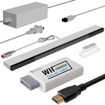 PORTHOLIC 4 in 1 Wii Replacement Cables Set, Wii AC Power Adapter + Wii to hdmi Converter+ Wired Motion Sensor Bar and Composite Audio Video Cable for Nintendo Wii - color: White