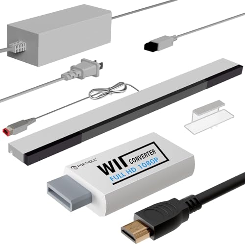 PORTHOLIC 4 in 1 Wii Replacement Cables Set, Wii AC Power Adapter + Wii to hdmi Converter+ Wired Motion Sensor Bar and Composite Audio Video Cable for Nintendo Wii - color: White
