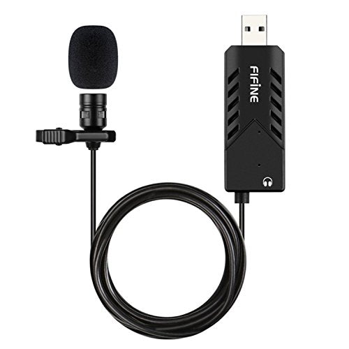 FIFINE USB Lavalier Lapel Microphone, Clip-on Cardioid Condenser Computer Mic Plug and Play USB Microphone with Sound Card for PC and Mac-K053