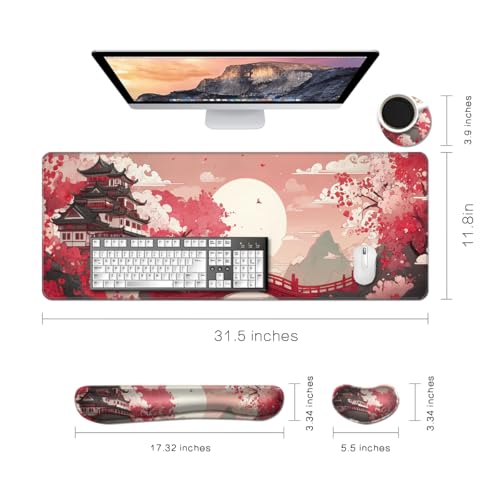 Desk Mat, Large Gaming Mouse Pad with Wrist Rest, 4 in1 XXL Mouse pad+Keyboard Wrist Rest+Mouse Pad Wrist Support+Cup Coaster Set, Ergonomic Desk Pad for Home Office, Japanese Sunrise - color: Japanese Sunrise