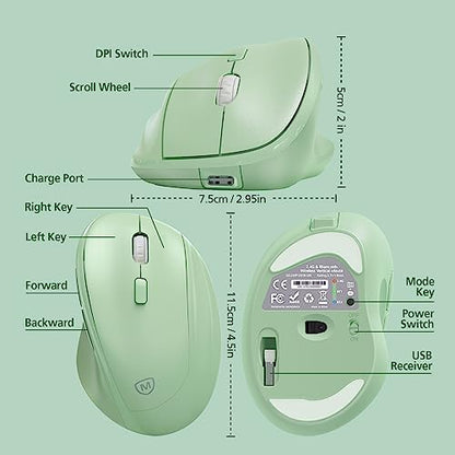 Micropack Ergonomic Vertical Wireless Bluetooth Mouse for Laptop MacBook PC Rechargeable Silent Click 3-Mode Multi-Device 2.4G Adjustable DPI Compatible with Windows Android iOS MacOS Green - color: Green, size: Rechargeable 3-Mode
