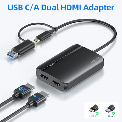 MOKiN USB 3.0 to Dual HDMI Adapter for Dual Monitors, USB C to HDMI Adapter for Mac, Windows, 4K Dual HDMI Adapter Compatible with M1/M2 Mac, Windows, ChromeOS, Android - color: Black