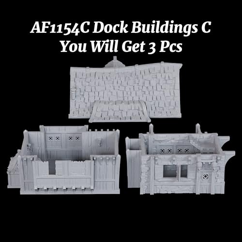 AUSPDICE DND Terrain, 25mm 도크 빌딩, TTRPG 하버 디스트릭트 풍경 | 1:64 던전 앤 드래곤을 위한 도색되지 않은 스톤 및 목재 멀티 레벨 판타지 빌딩, 테이블 탑 RPG 및 워게임-AF1154C - color: Af1154c Dock Buildings C