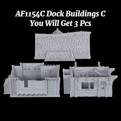 AUSPDICE DND Terrain, 25mm 도크 빌딩, TTRPG 하버 디스트릭트 풍경 | 1:64 던전 앤 드래곤을 위한 도색되지 않은 스톤 및 목재 멀티 레벨 판타지 빌딩, 테이블 탑 RPG 및 워게임-AF1154C - color: Af1154c Dock Buildings C
