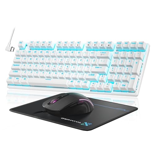 Mechanical Gaming Keyboard and Mouse, 98 Keys LED Backlit Keyboard with Floating Keycap, Ergonomic RGB Gaming Mouse with Mouse Pad Combo, Full Anti-Ghost Wired Keyboard for PC Laptop Gamer, White - color: White-