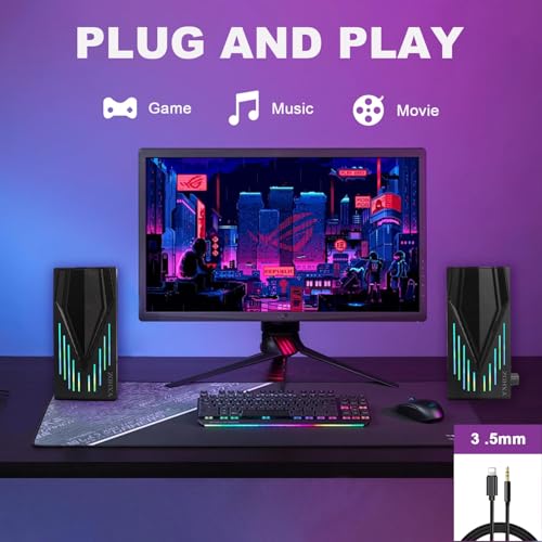 Black Wired Computer Speakers, USB Powered Gaming Speakers with Zero-Lag Audio, Dynamic RGB Lighting, 3.5mm Aux Cable for PC Desktop Monitor Laptop Tablet