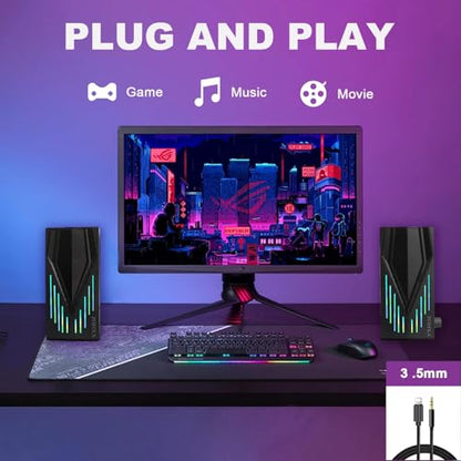 Black Wired Computer Speakers, USB Powered Gaming Speakers with Zero-Lag Audio, Dynamic RGB Lighting, 3.5mm Aux Cable for PC Desktop Monitor Laptop Tablet
