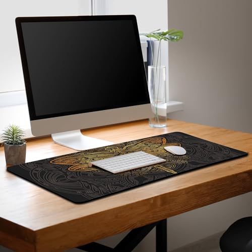 Gaming Desk Mats Gold, Desk Mouse Pad Extra Large Mouse Pads, Pad for Mouse Non-Slip Rubber Base Waterproof with Stitched Edges, 35.4 X 15.7 inch for Work/Game/Office/Home Dragonfly Mandala - color: Dragonfly Mandala