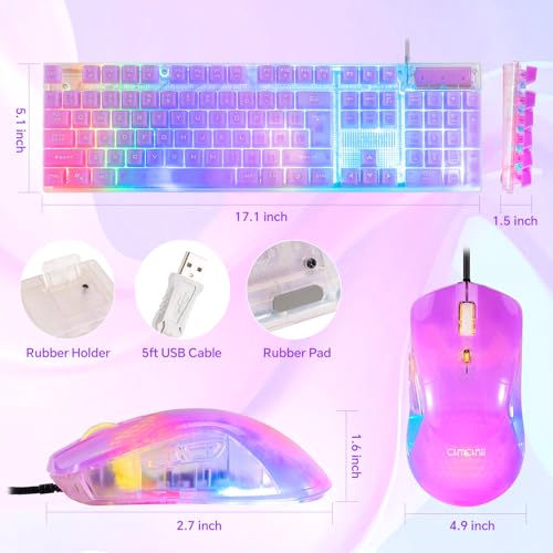 RGB Gaming Keyboard and Mouse Combo,USB Wired Custom Clear Keyboards | Rainbow LED Backlight Transparent Keyboard Mouse Set for Computer Windows PC PS4 Xbox Laptop - color: Clear Purple