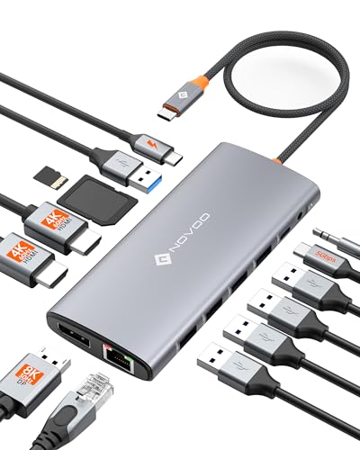 NOVOO USB C Docking Station Dual Monitor for Laptop, 14 in 1 Hub Adapter Thunderbolt 3 to Dual 4K60 HDMI+8K30 DP USB C/A Data 100W PD RJ45 SD/TF - style: 14-in-1
